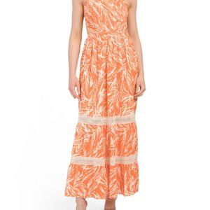 Orange Smocked Eyelet Trim Maxi Dress